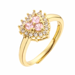 Minimalist gold adjustable ring with triple pink heart-shaped stones and white zircons