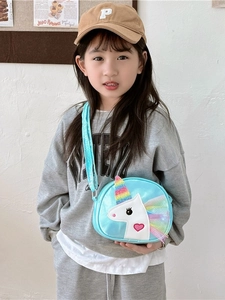 Cute blue unicorn crossbody bag for girls with glitter finish and rainbow mane details