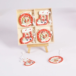 Set of 4 Christmas wooden hanging ornaments with festive patterns in a display box