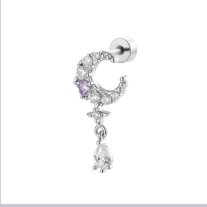 Retro crescent moon earring with purple heart zircon and water drop pendant on white background