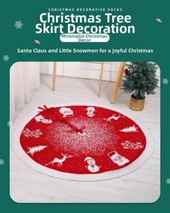 Detail of knitted Christmas tree skirt featuring reindeer and snowman patterns