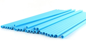 Close-up of bright blue plastic tubes stacked for DIY children's play tent construction