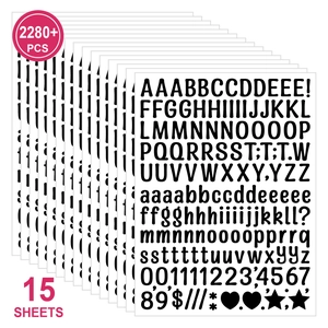 Close-up of 15 sheets containing 2280 pieces of black 0.5-inch waterproof alphabet stickers