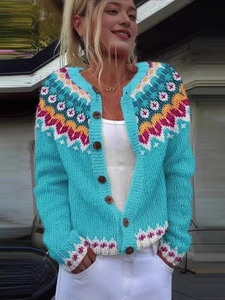 Detail of teal jacquard knit cardigan with bohemian pattern and wooden buttons
