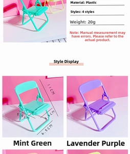 Detail showing dimensions of 11cm mint green and purple mini chair phone holders