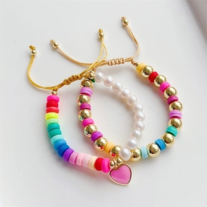 Bohemian Handmade Summer Beaded Bracelet Natural Artificial Pearl Heishi Soft Clay Beads 18K Gold Plated Heart Pendant Adjustable Cord