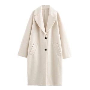 Women Long Boucle Wool Coat Lapel Collar Button Front Casual Elegant Cream White Autumn Winter Outerwear