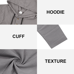 Detail view of grey linen blend hoodie featuring fabric texture and cuff stitching