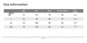 Tableau des tailles détaillé pour robe imprimée cintrée avec mesures de la taille M à 2XL