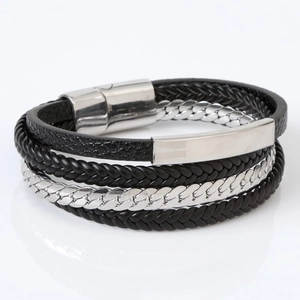 Multilayer braided black leather and silver metal chain bracelet with magnetic clasp