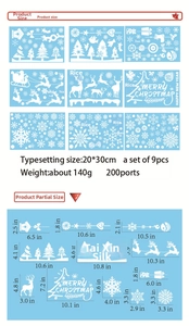 Detailed size chart for 9-piece Christmas window clings showing Santa and snowflake dimensions
