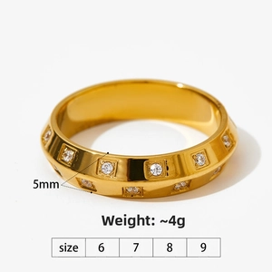 Detail view of 5mm gold plated ring with square set cubic zirconia stones
