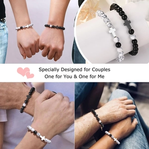 Couples natural stone bracelet set with black matte beads and white turquoise crosses