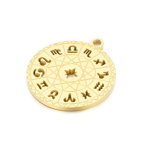 Golden round hollow zodiac pendant featuring minimalist astrological symbols for DIY jewelry