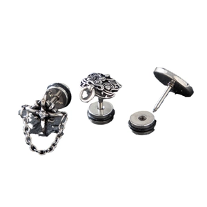 Stainless steel stud earring set featuring a crown lion head and cross chain design