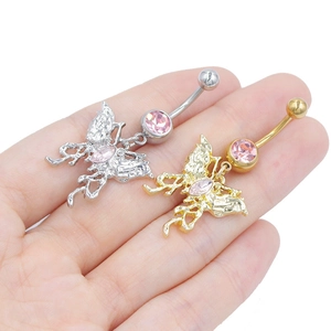 Surgical steel butterfly belly rings in silver and gold with pink crystal stones