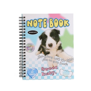 Cute border collie puppy spiral notebook with blue checkered pattern and star designs