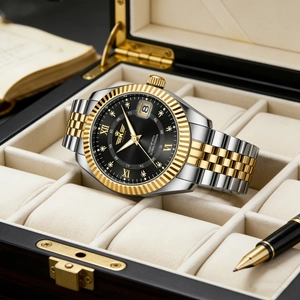 Detail view of two-tone steel watch in luxury wooden display case with props
