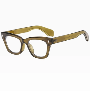 Detail view of olive green acetate square frame sunglasses with metal arrow rivets