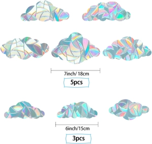 Rainbow prism cloud window decals in 7-inch and 6-inch sizes showing quantity per pack