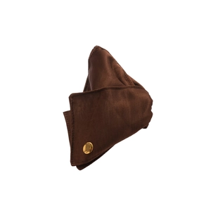 Brown satin fabric triangle hair claw clip with gold button detail on white background