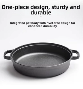 Detailed close-up of a matte black cast iron skillet with seamless double handles