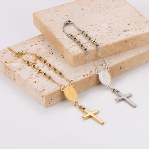 Retro stainless steel beaded bracelets with cross and saint icon pendants in gold and silver