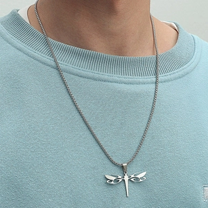 Minimalist silver stainless steel box chain necklace with hollow dragonfly pendant on model