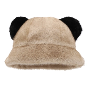 Sweet khaki plush bucket hat with black animal ears and warm faux fur texture for women