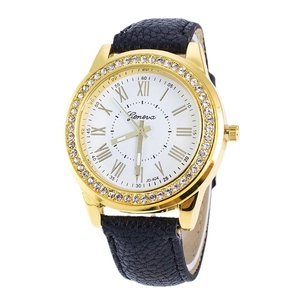 Fashion Geneva quartz watch with gold rhinestone bezel and black faux leather strap