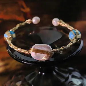 Baroque pearl and turquoise gold wire wrapped cuff bracelet with vintage handcrafted design