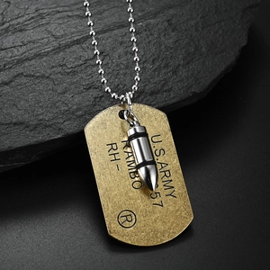Double-layered stainless steel necklace with military dog tag and bullet pendant on stone
