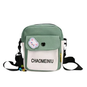 Cute green and white canvas square messenger bag with bear badge and shoulder strap
