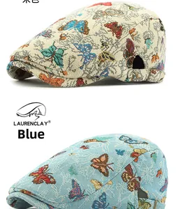 Detail of colorful butterfly jacquard pattern and adjustable metal buckle on duckbill caps