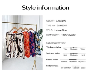 Detail showing various floral prints and fabric specifications for long sleeve polyester tops