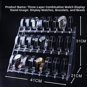 Three-tier acrylic watch display stand measuring 41x31x21cm for counter organization