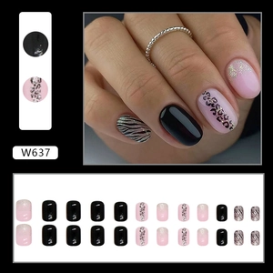 Short round leopard print press-on nails with pink glitter and black zebra pattern design