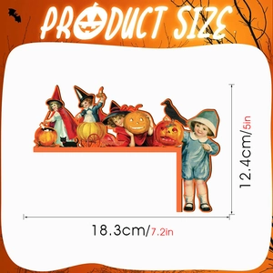Detail showing dimensions of vintage Halloween wooden door corner decor with retro illustration
