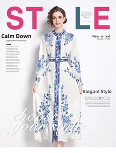 Detailed view of porcelain style floral print and buttoned stand collar on a white dress