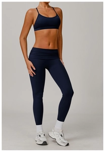 Deep blue high waisted yoga leggings and sports bra set in premium matte stretch fabric