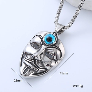 Silver Guy Fawkes mask pendant necklace with blue eyes, punk style stainless steel jewelry