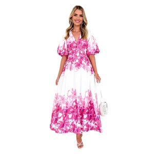 Floral A-line midi dress with V-neck and puff sleeves in vibrant pink and white print