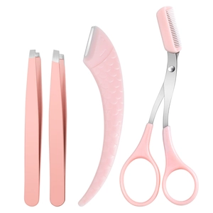 Pink 4-piece eyebrow grooming set with razor, tweezers, and comb scissors for beginners