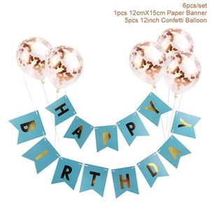 Close-up of Happy Birthday banner with 5 rose gold sequin balloons for party decor