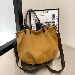 Large Capacity Vintage Canvas Tote Bag For Women Solid Color Commuter Shoulder Bag With Adjustable Strap Fashion Handbag