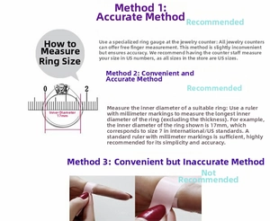 Size guide for rings showing three measurement methods with US size conversion