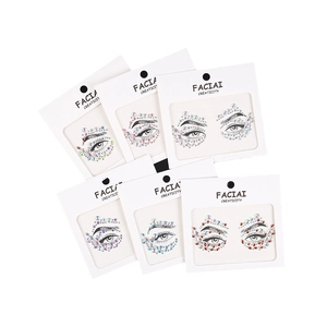 Six packs of acrylic face rhinestones for eyes and forehead in assorted colors and styles