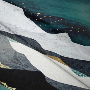 Close-up of abstract mountain landscape tapestry with starry night pattern and gold accents