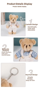 Detail of handmade linen teddy bear keychain with floral and blue plaid outfits