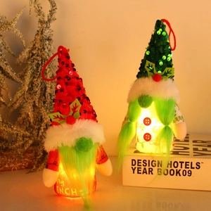 Lighted Christmas gnomes with green beards and sequins hats for festive hanging decorations